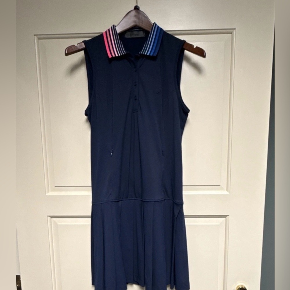 G/FORE Navy Sleeveless Polo Dress with Pink and Blue Striped Collar